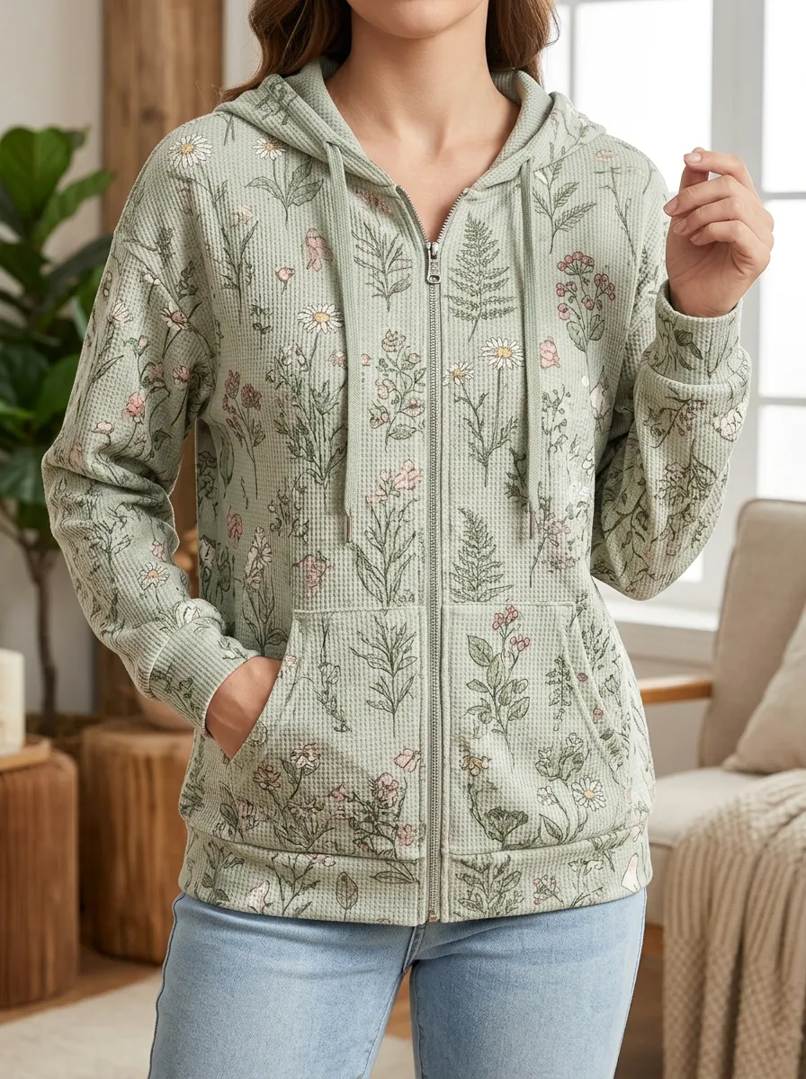 Women's Botanical Wildflower Waffle Knit Printed Zip-up Hoodie