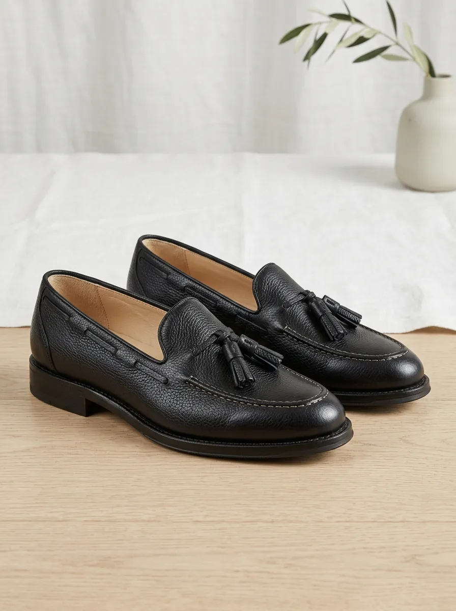 Unisex Black Pebble Grain Leather Tassel Loafers