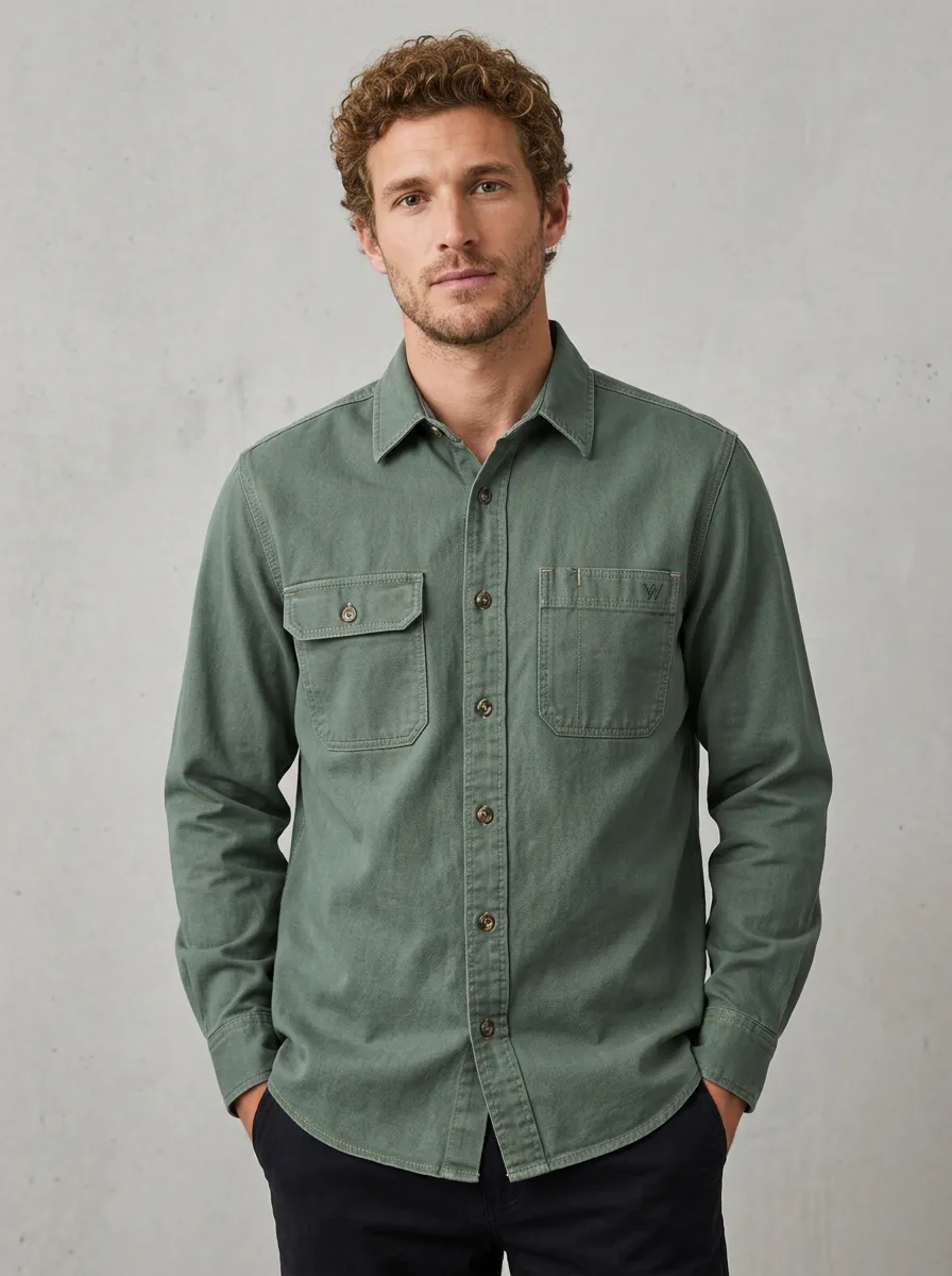 Men's Casual Outdoor Sage Green Double Pocket Button Down Shirt