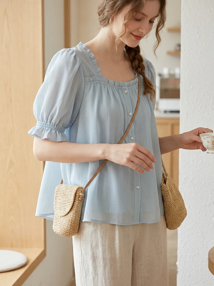 Square-Neck Button-Front Women's Puff-Sleeve Blouse