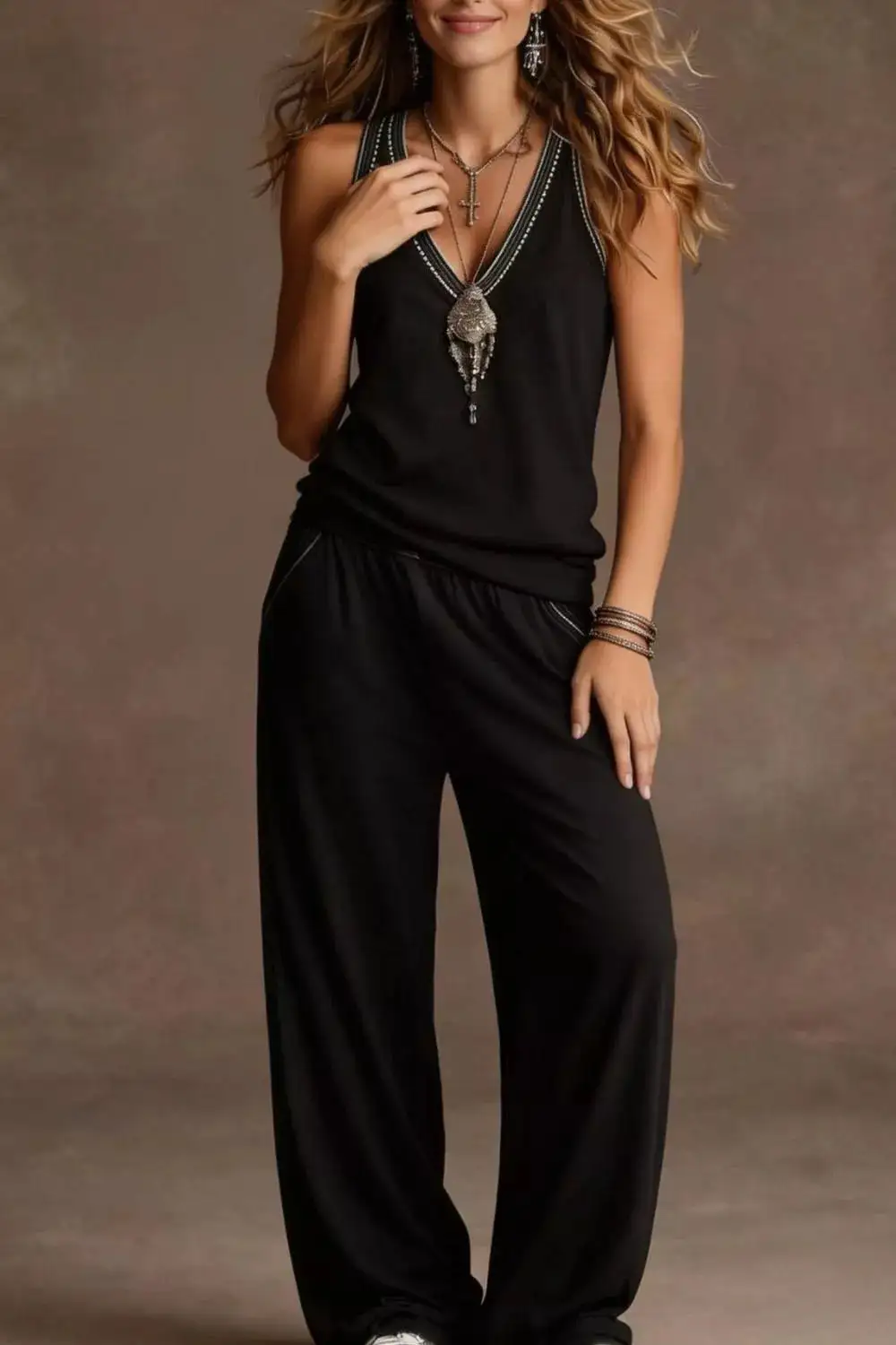 V Neck Tank and Wide Leg Pants Set