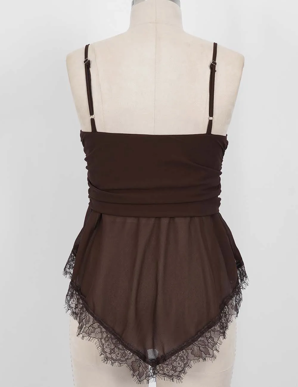 Sheer Mesh Lace Hem Spaghetti Strap Cami Top