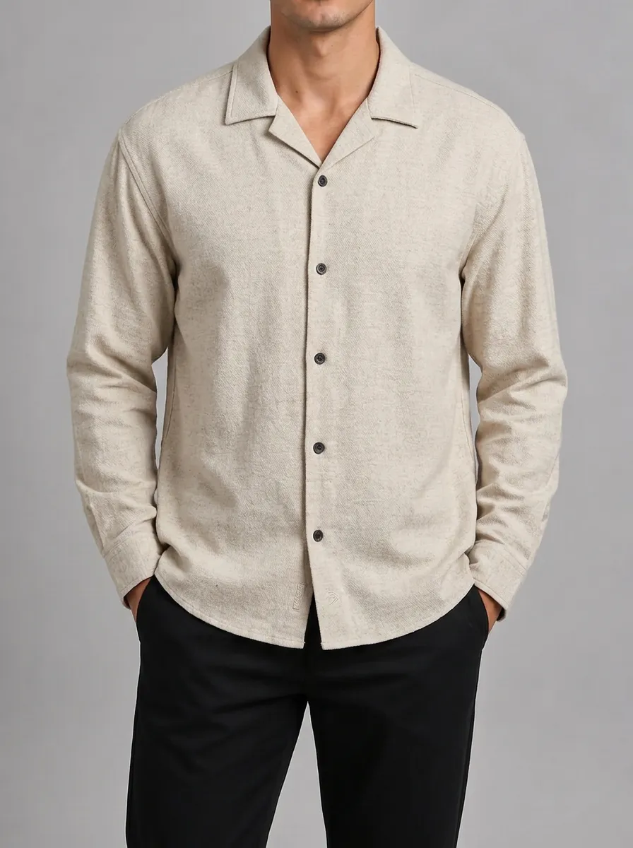 Men's Casual Minimalist Beige Textured Long Sleeve Shirt