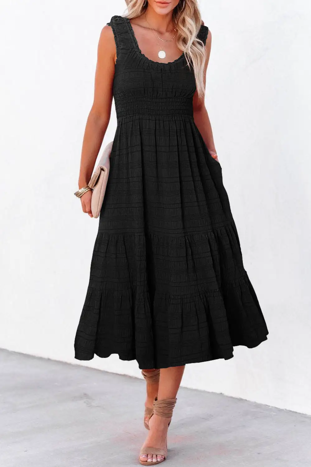 Square Neck Pleated Sleeveless Midi Dress