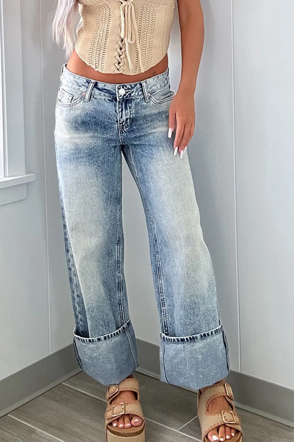 Washed Wide Leg Pocket Denim Jeans