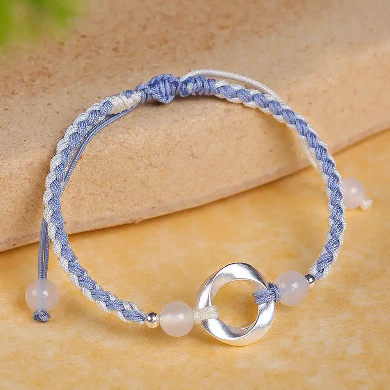 Sterling Silver Mobius Agate Bead Braided String Bracelet