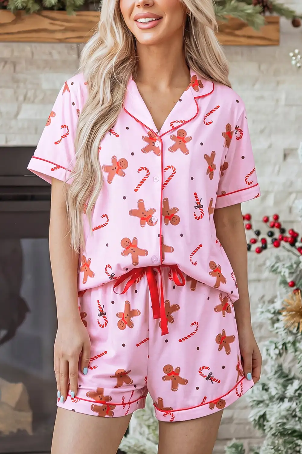 Women's Short Sleeve Placket Shell Button Elastic Waist Lounge Set