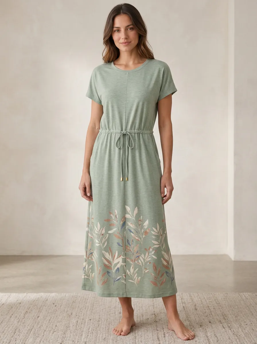 Women's Botanical Nature Lover Leaf Printed Drawstring Dress