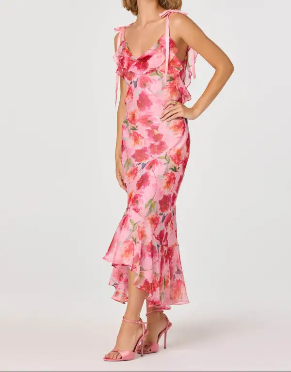 Ruffle Trim Floral Midi Dress