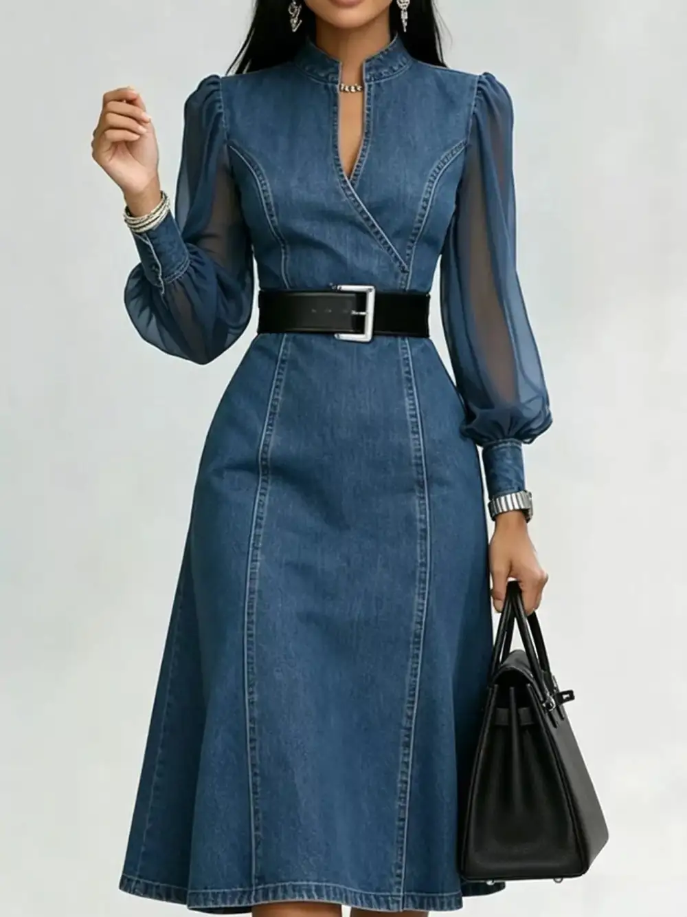 Midi Dress with Sheer Sleeves