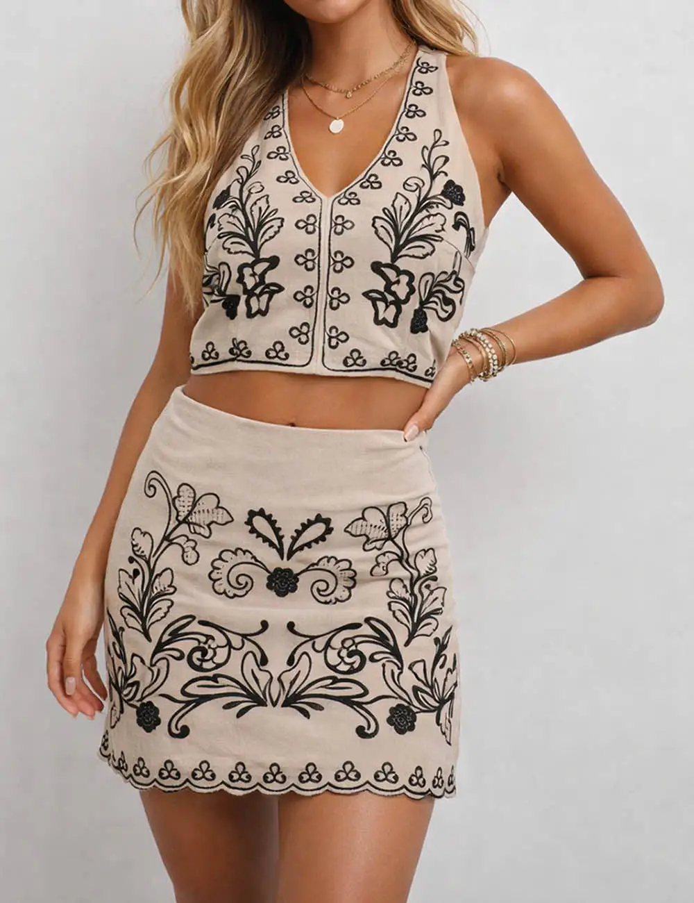Boho Embroidery Color Block Cami Top Skirt Two Piece Set