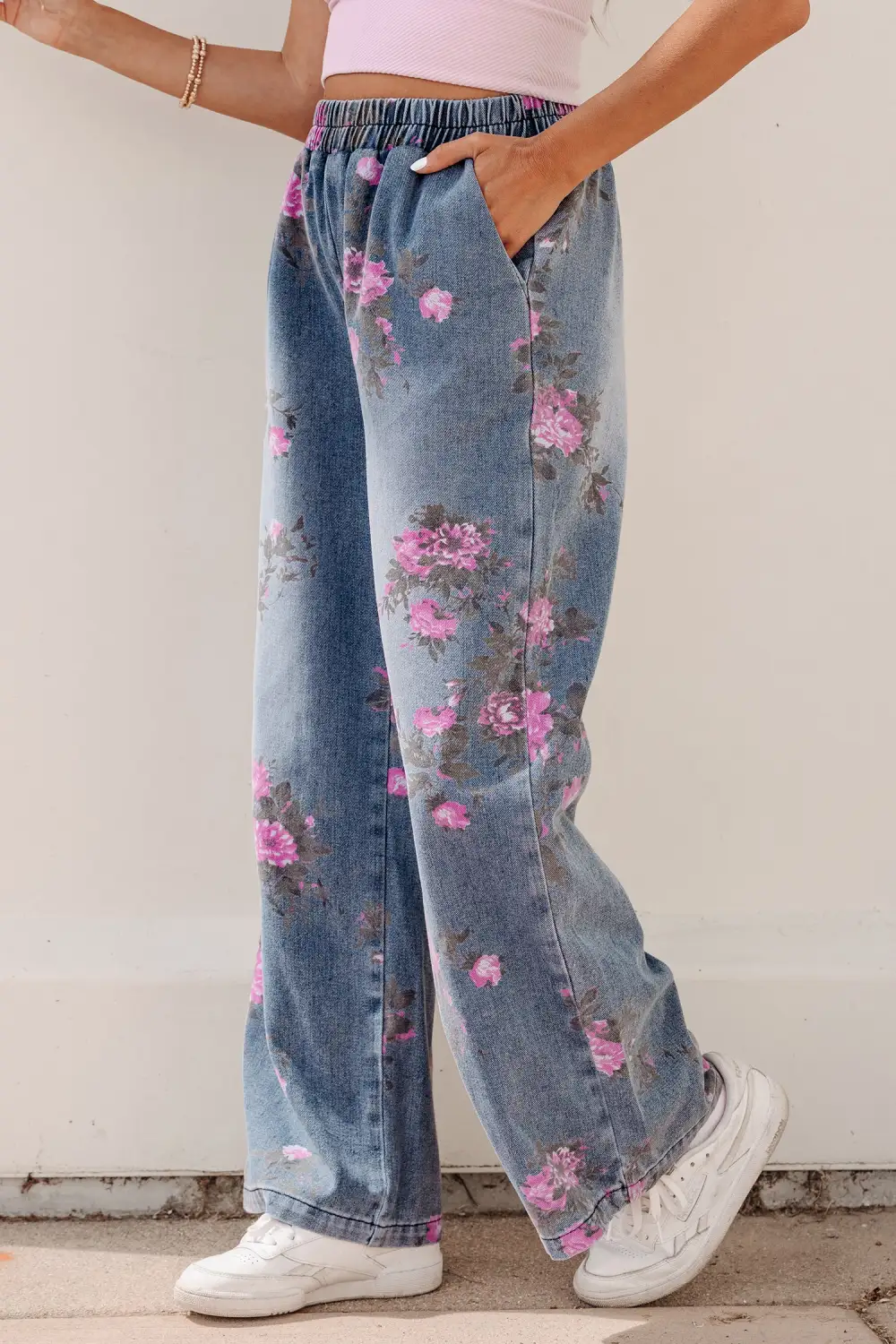 Women's Floral Print Elastic Waist Pull On Casual Jeans