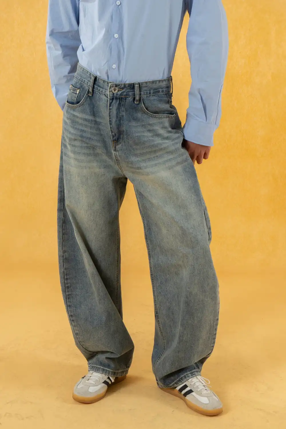 Ultra-Wide Washed Vintage-Wash Jeans