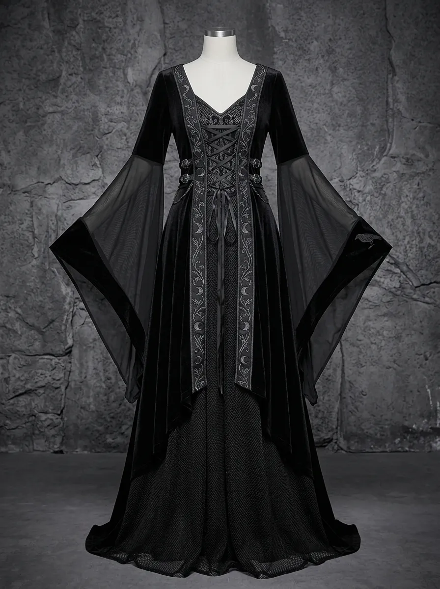 Dark Romantic Moon Raven Velvet Silhouette Women's Gothic Dress
