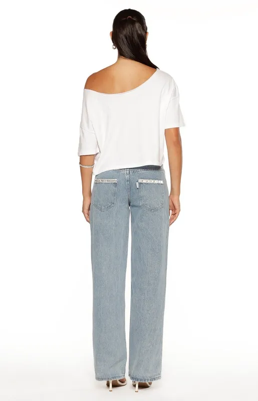 Light Wash Diamante-Trim Low-Rise Jeans