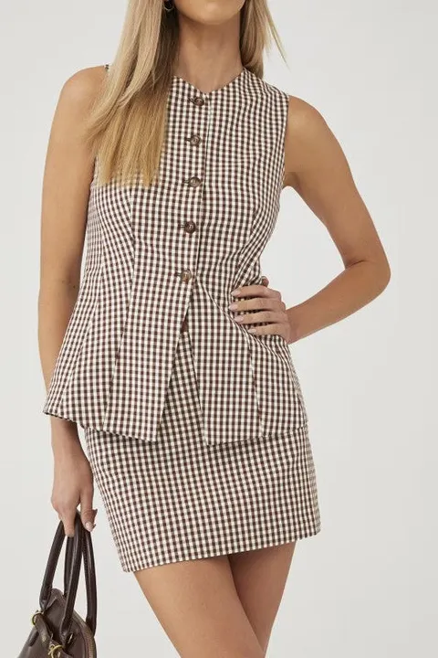Brown Gingham Button-Front Vest Set