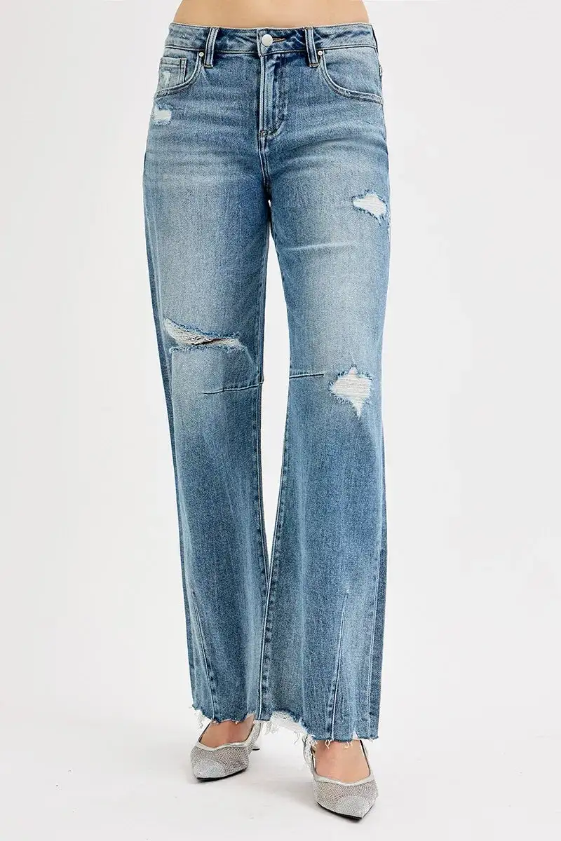 Mid Rise Wide Leg Washed Denim Jeans