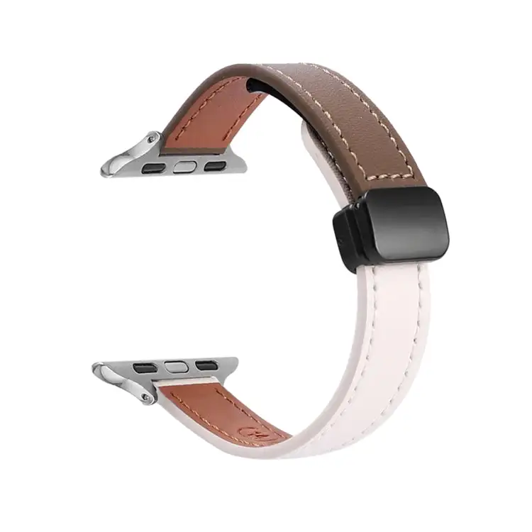 Slim Magnetic Buckle Genuine Leather Watch Band for Watch Series 3 38 mm - Plain Beige Coffee