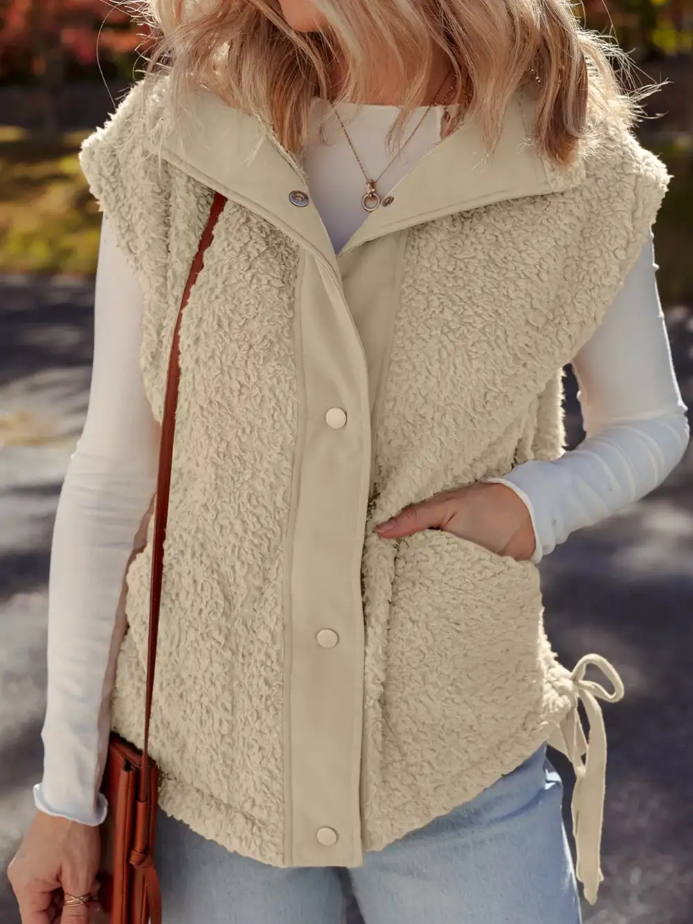 Faux Fur Snap Button Front Knot Side Plush Vest With Pockets