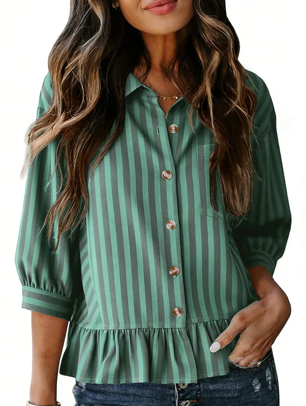 Stripe Button Three Quarter Sleeve Shirt