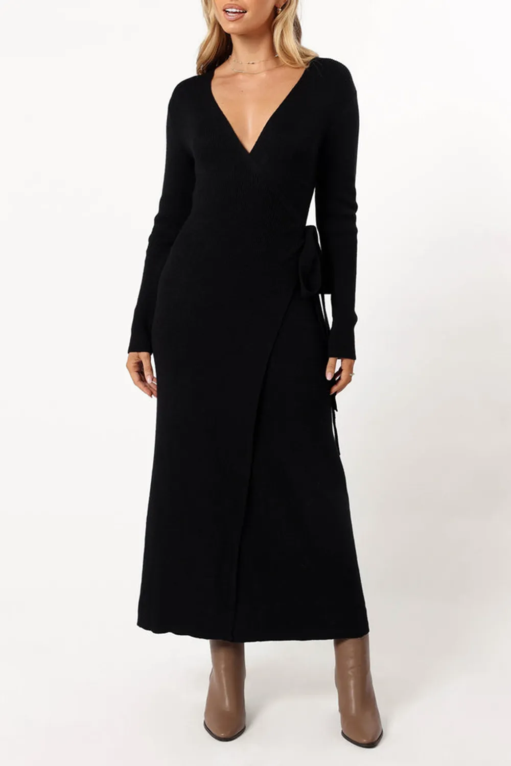 V-NECK BOW WRAP DRESS