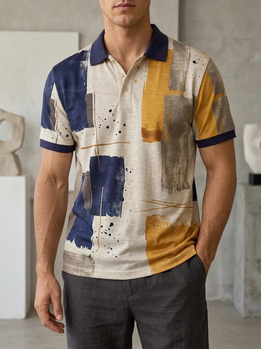 Men's Abstract Art Geometric Print Navy Yellow Printed Polo Shirt