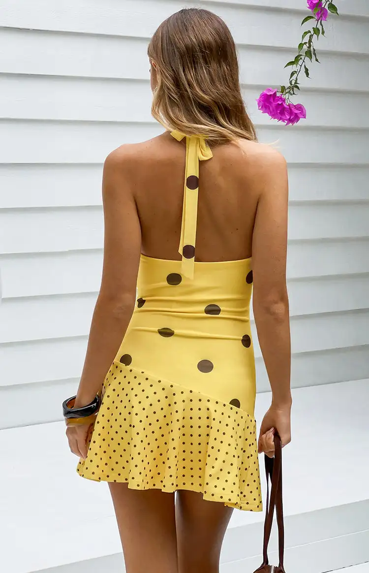 Halter Neck Polka Dot Cowl Neck Mini Dress