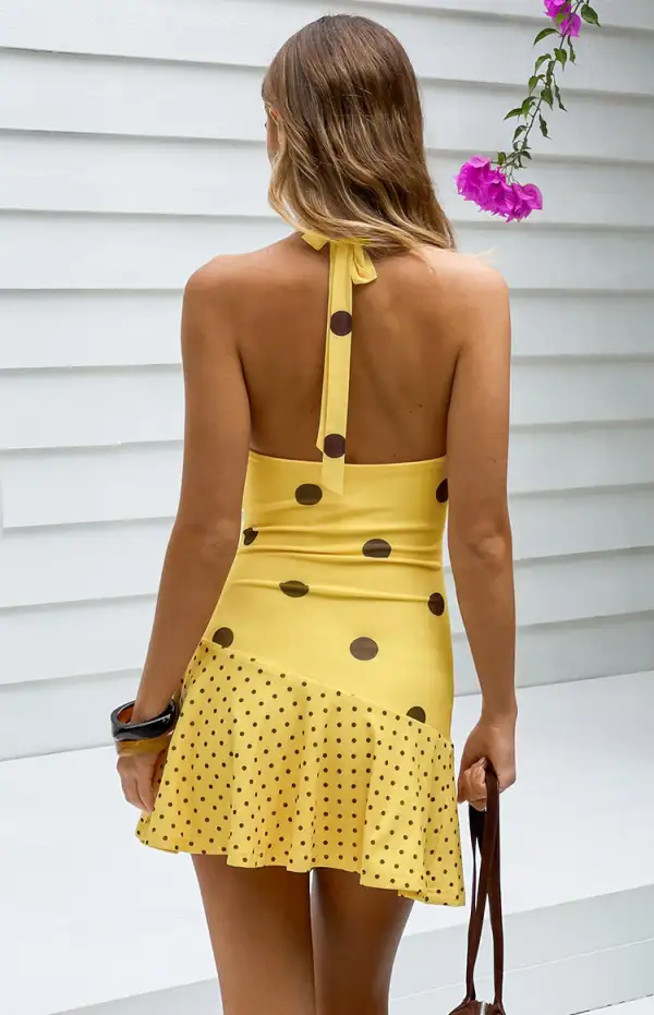 Halter Neck Polka Dot Cowl Neck Mini Dress
