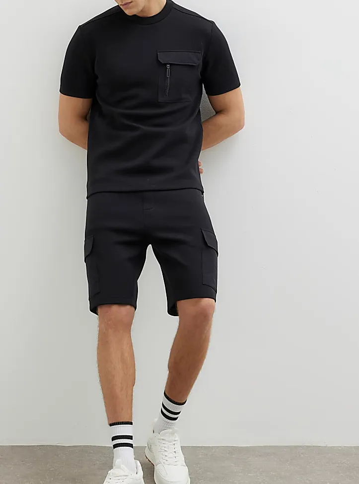 Men's Black Slim Fit Pocket Shorts with Elastic Waist