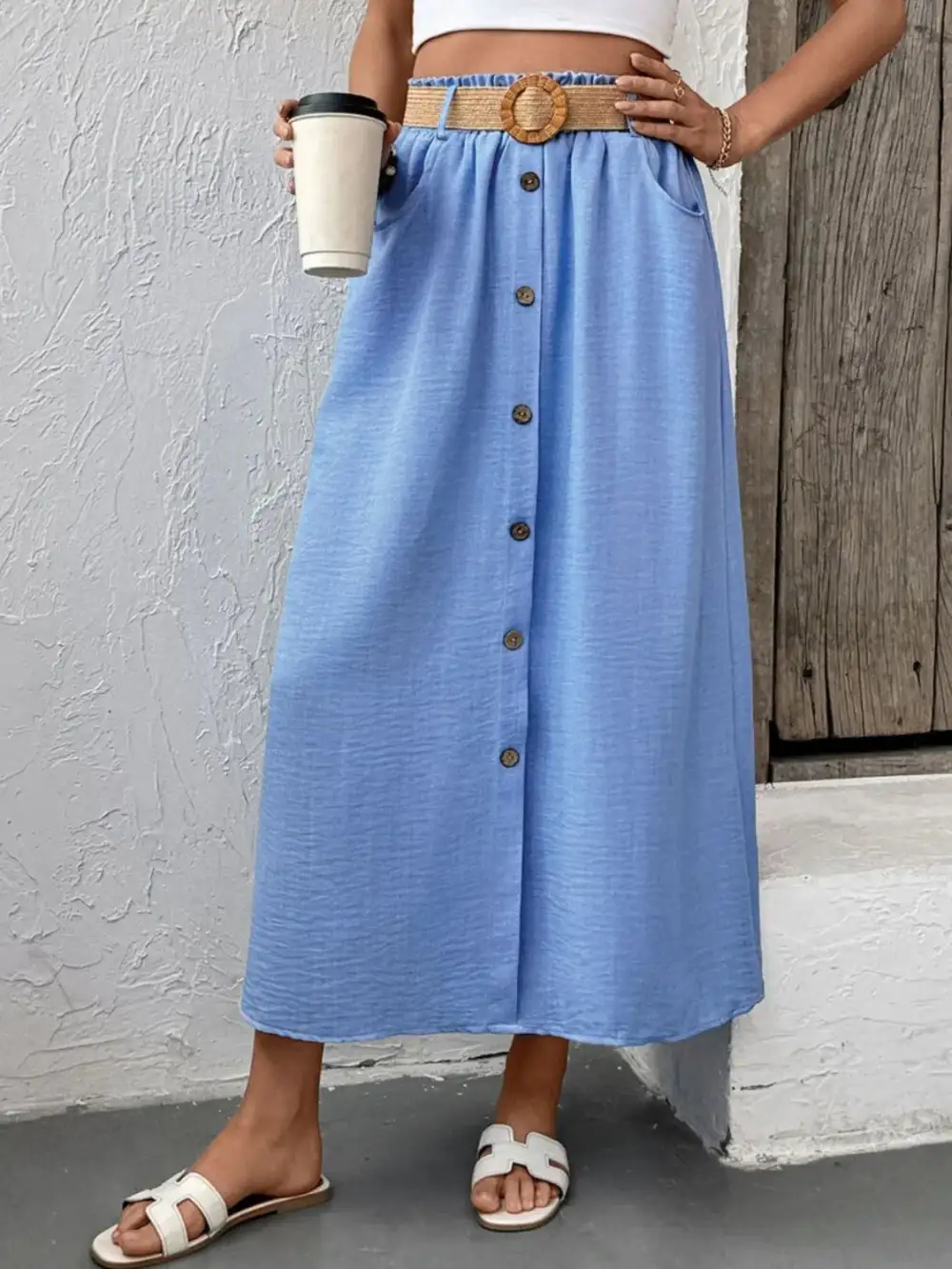 Decorative Button Front Midi Skirt