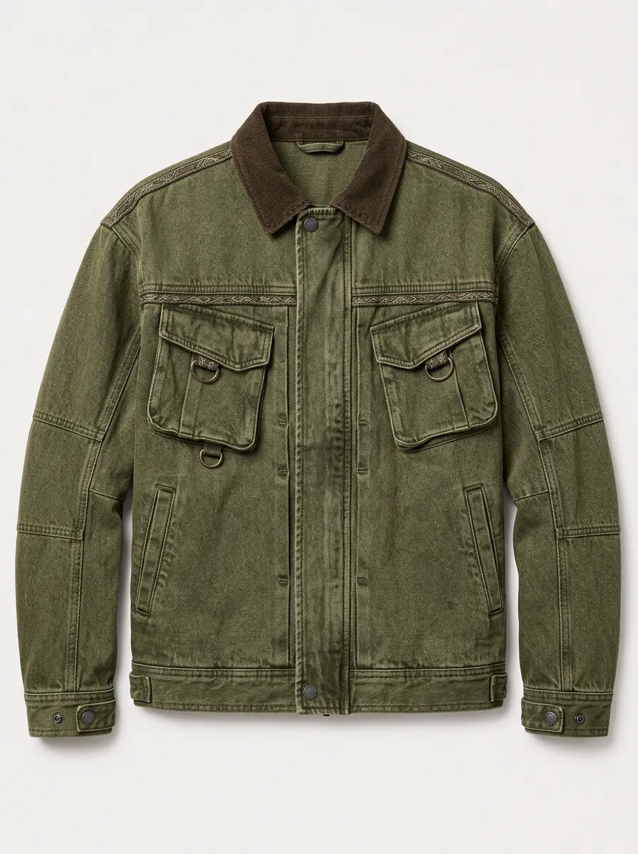 Men's Outdoor Utility Olive Green Corduroy Collar Printed Jacket
