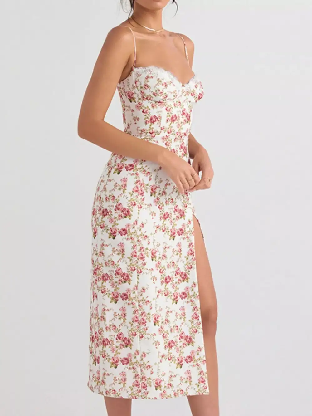 Lace Trim Slit Midi Dress