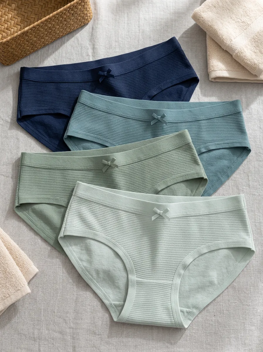 Women's Waffle Texture Bowknot Solid Color Cotton Panties Set