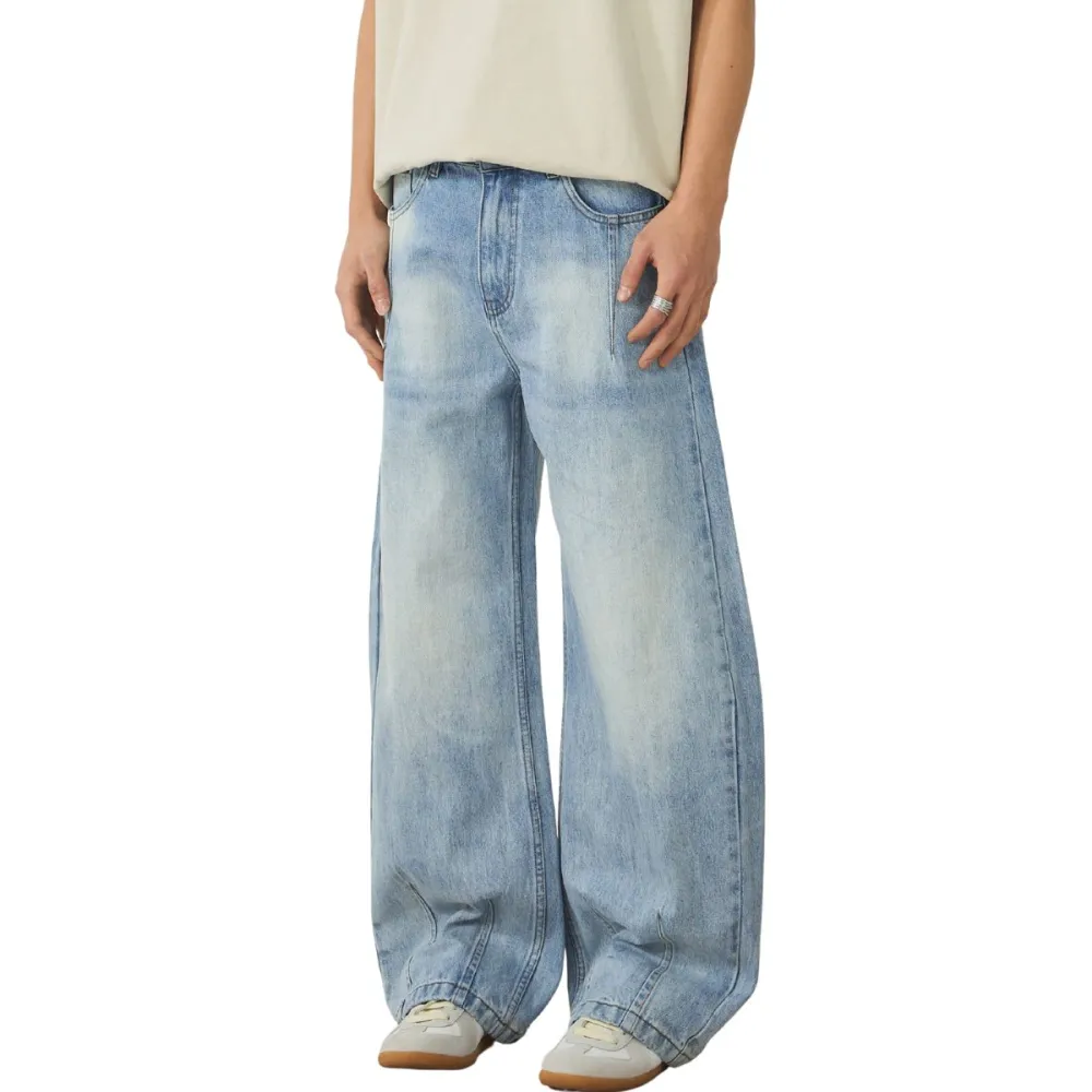 Barrel Leg Pleated Denim Jeans