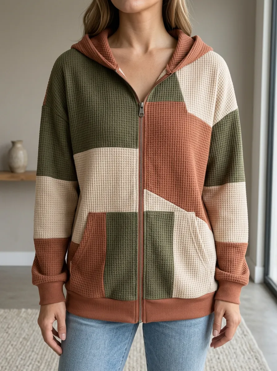 Women's Colorblock Patchwork Signature Motif Waffle Zip-Up Hoodie