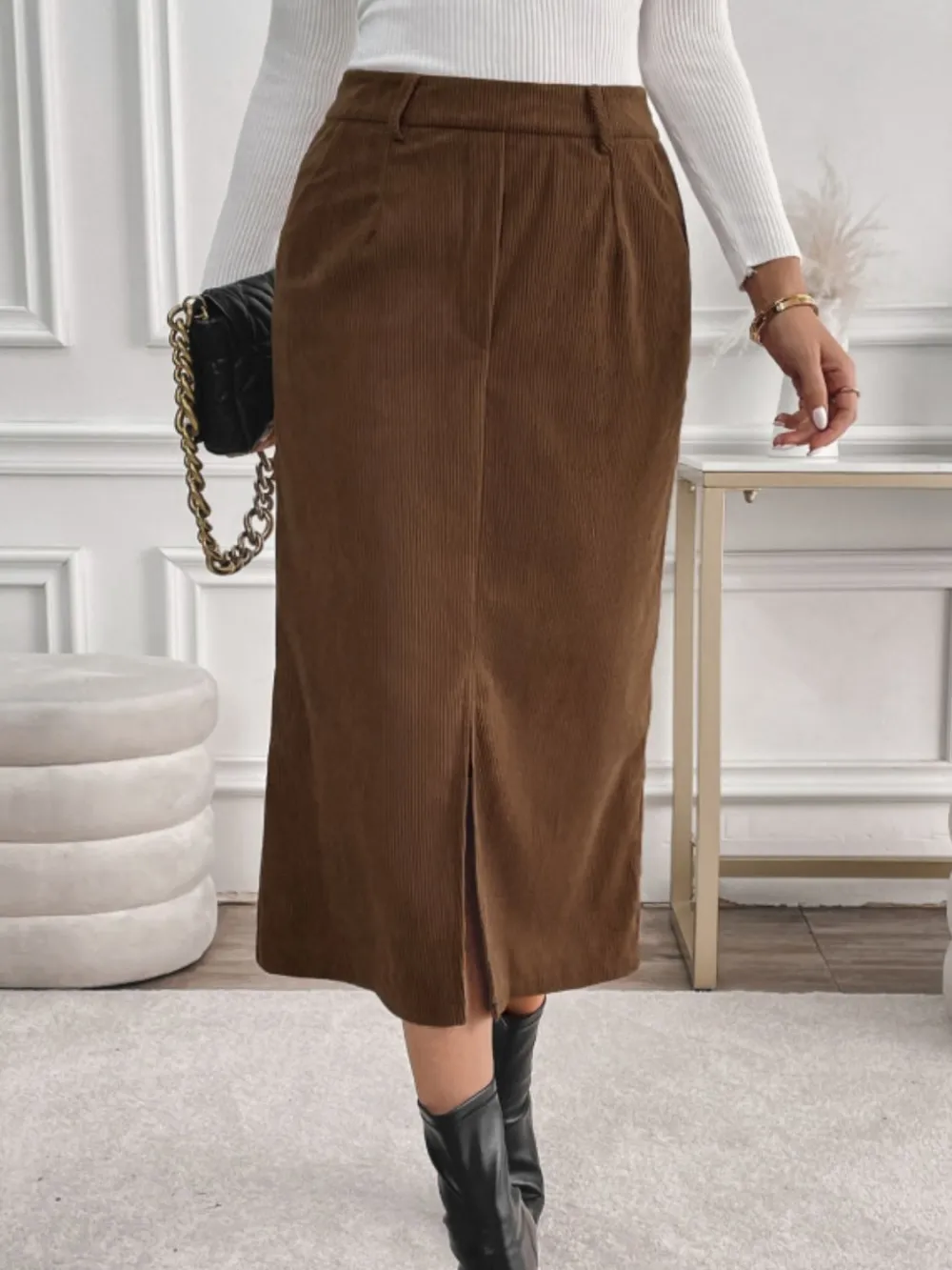 Pocket Side Slit Midi Skirt