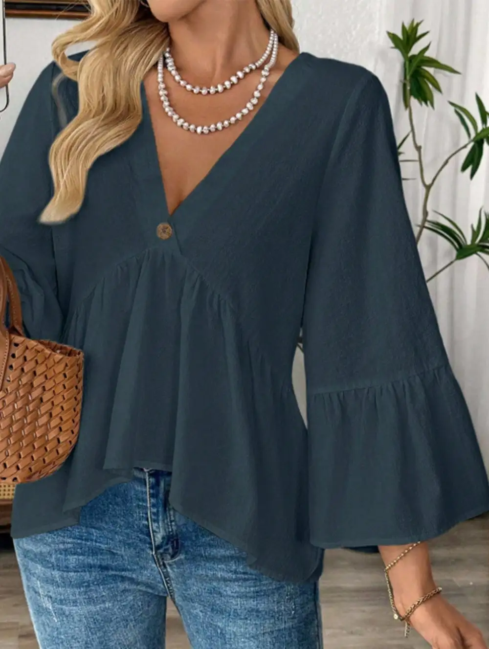 V-Neck Ruffle Sleeve Cotton Top