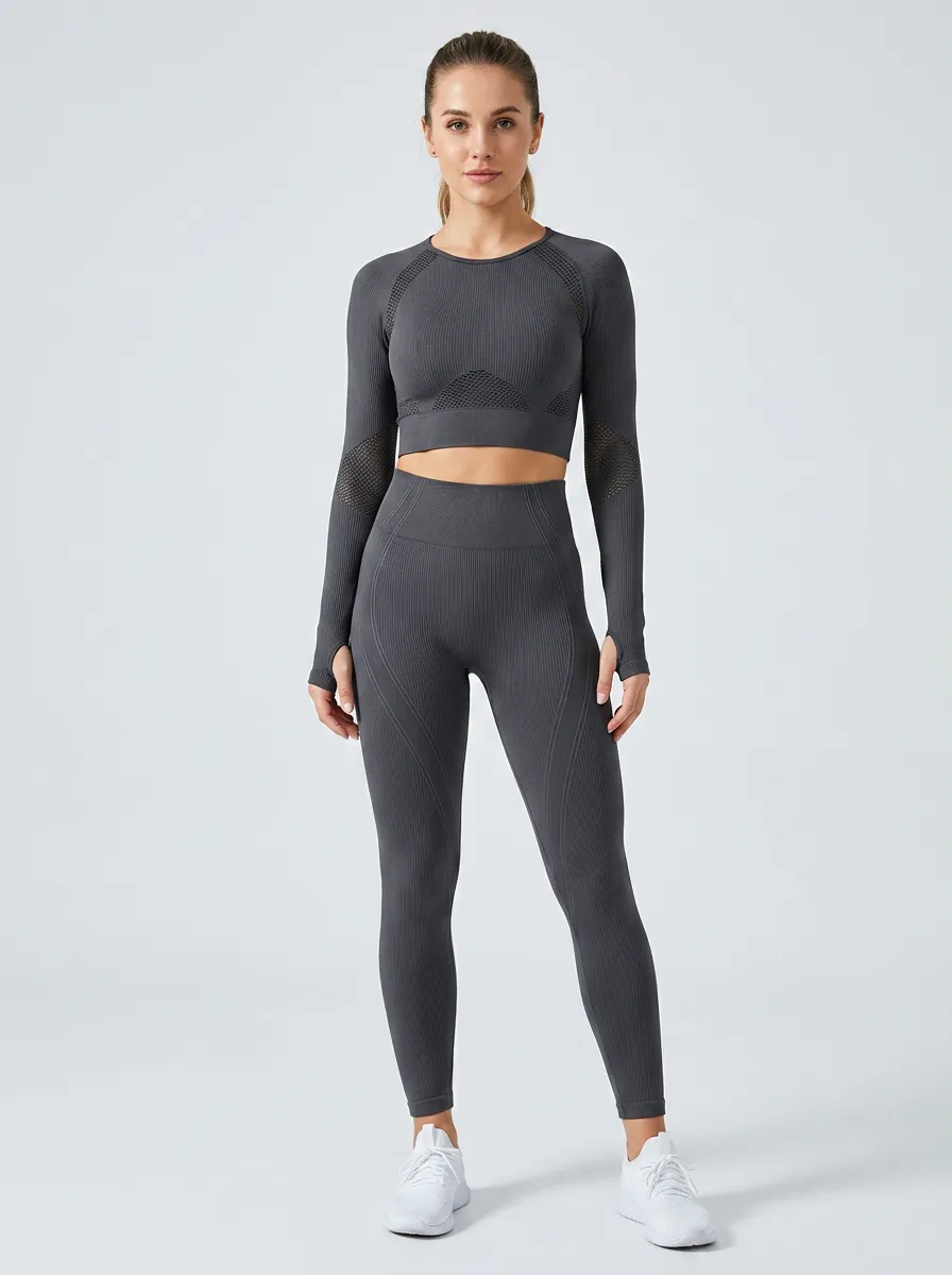 Women's Fitness Gym Seamless Ribbed Mesh Printed Yoga Set