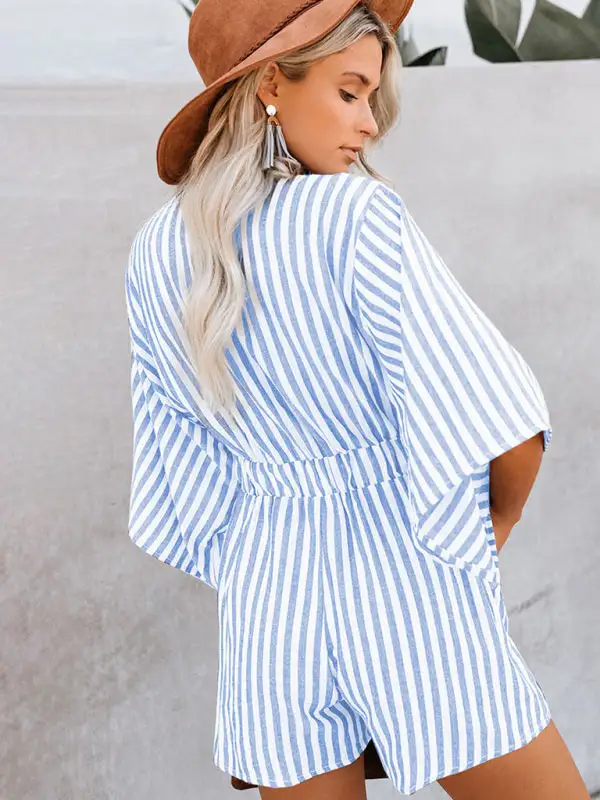 Slim Waist Striped Deep V Trumpet Jumpsuit