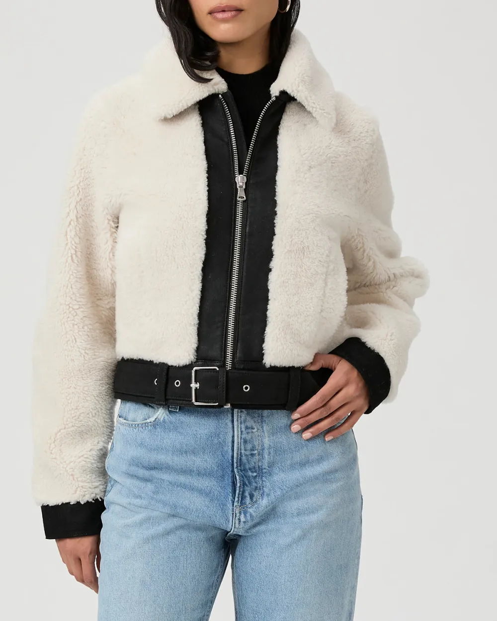 Black And White Faux Fur Trimmed Jacket