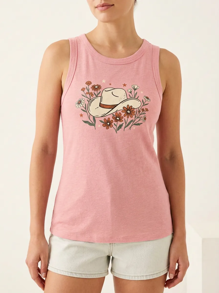 Desert Cowboy-Hat Floral Built-In Bra Tank Top