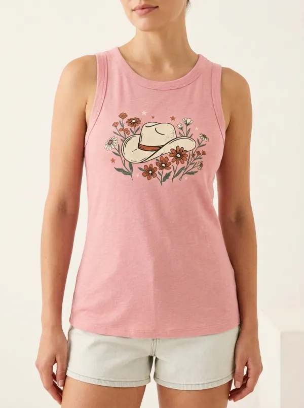 Desert Cowboy-Hat Floral Built-In Bra Tank Top