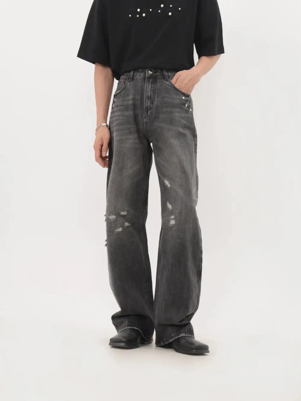 Distressed Straight-Leg Light-Wash Jeans