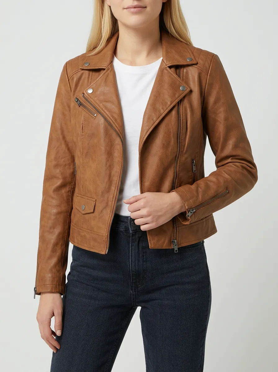 Women's Brown Faux Leather Biker Zip-Up Jacket with Flap Pockets