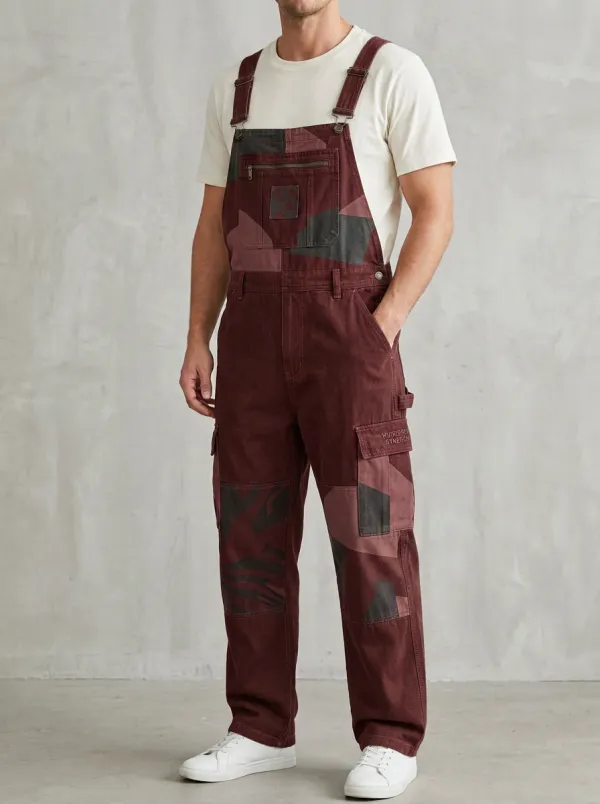 Camo Patchwork Cargo Zip Bib Overalls