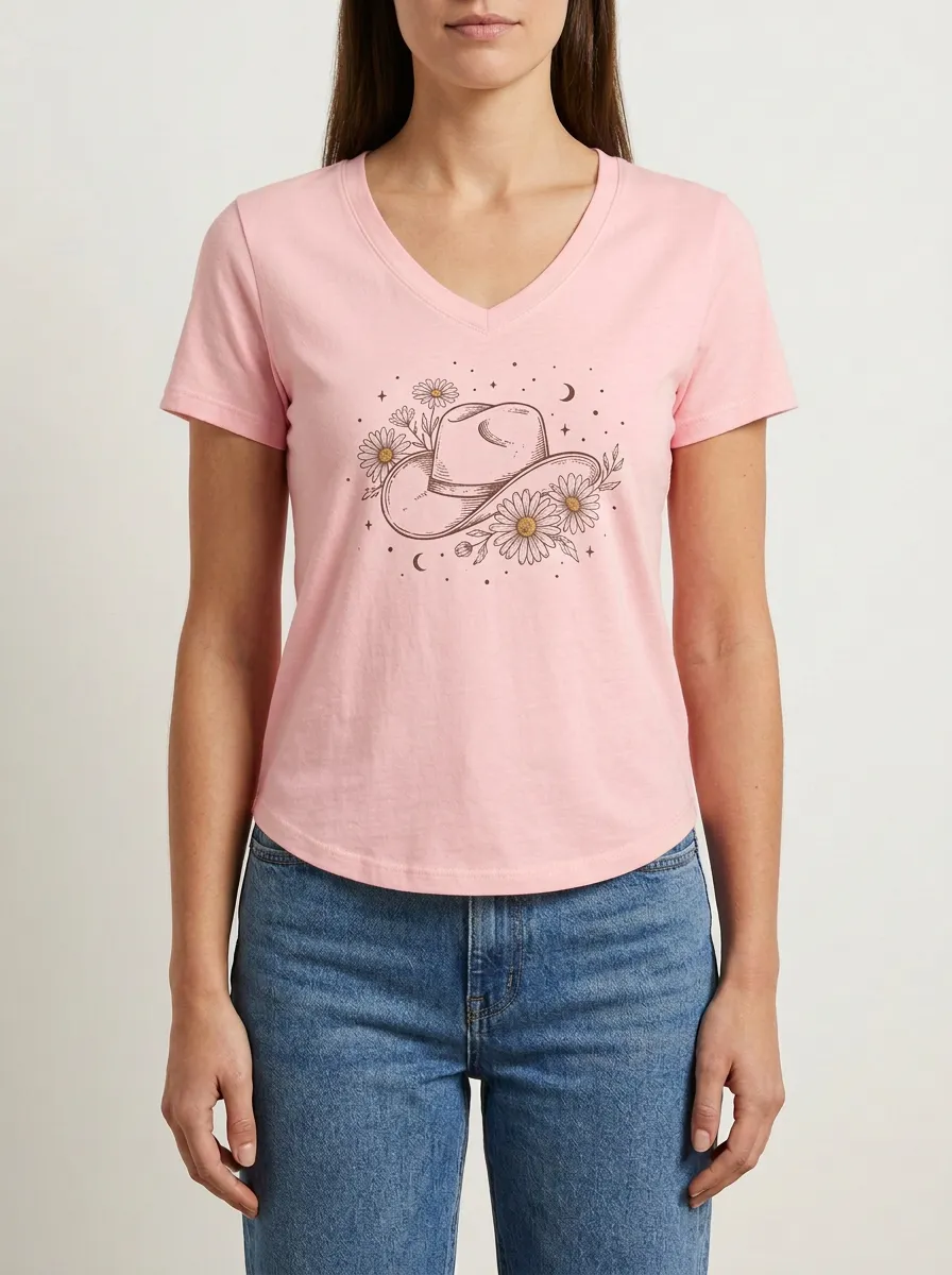 Women's Western Cowgirl Daisy Floral Graphic V-Neck T-Shirt