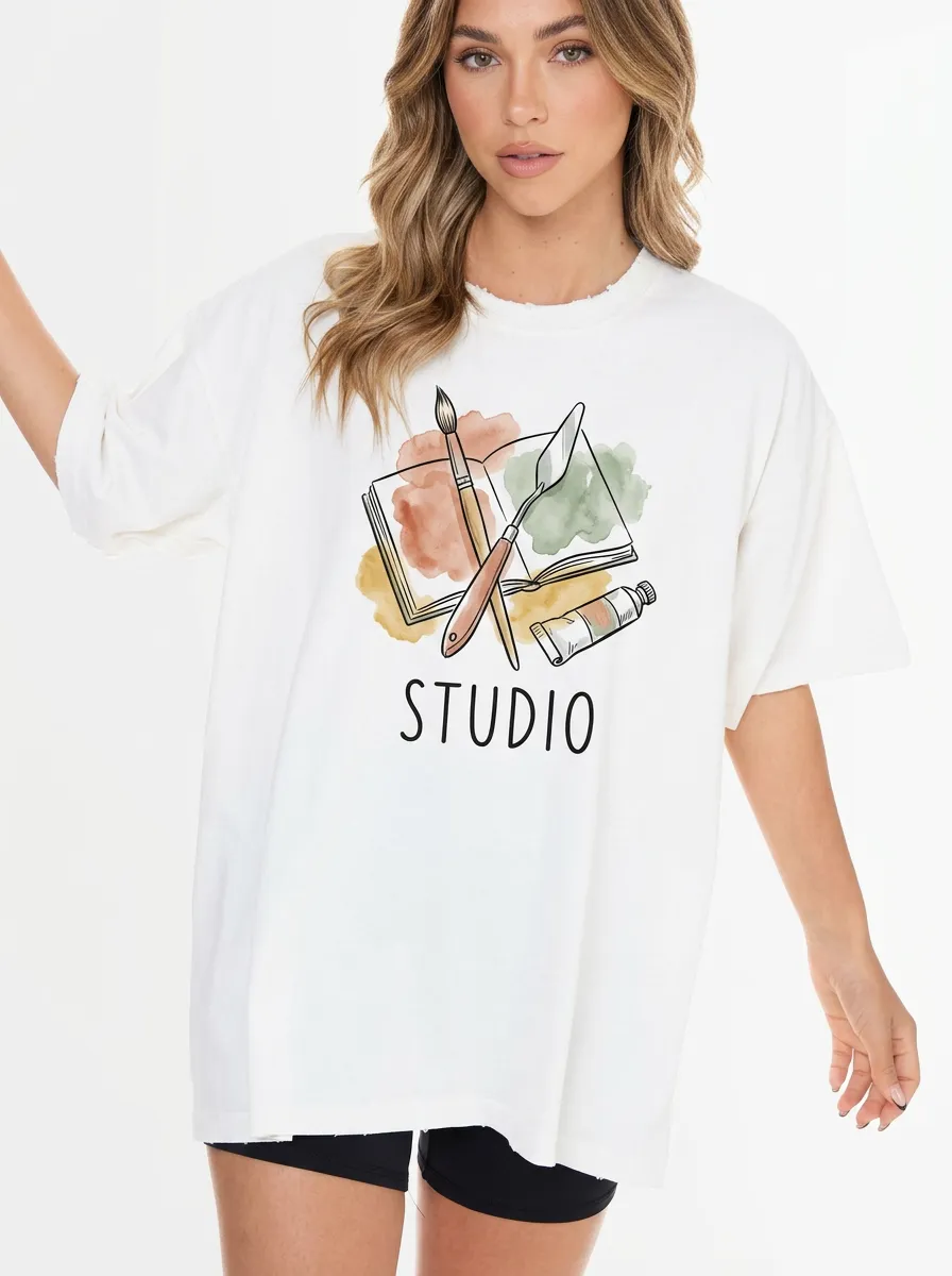 Women's Artist Studio Watercolor Paintbrush Printed T-Shirt