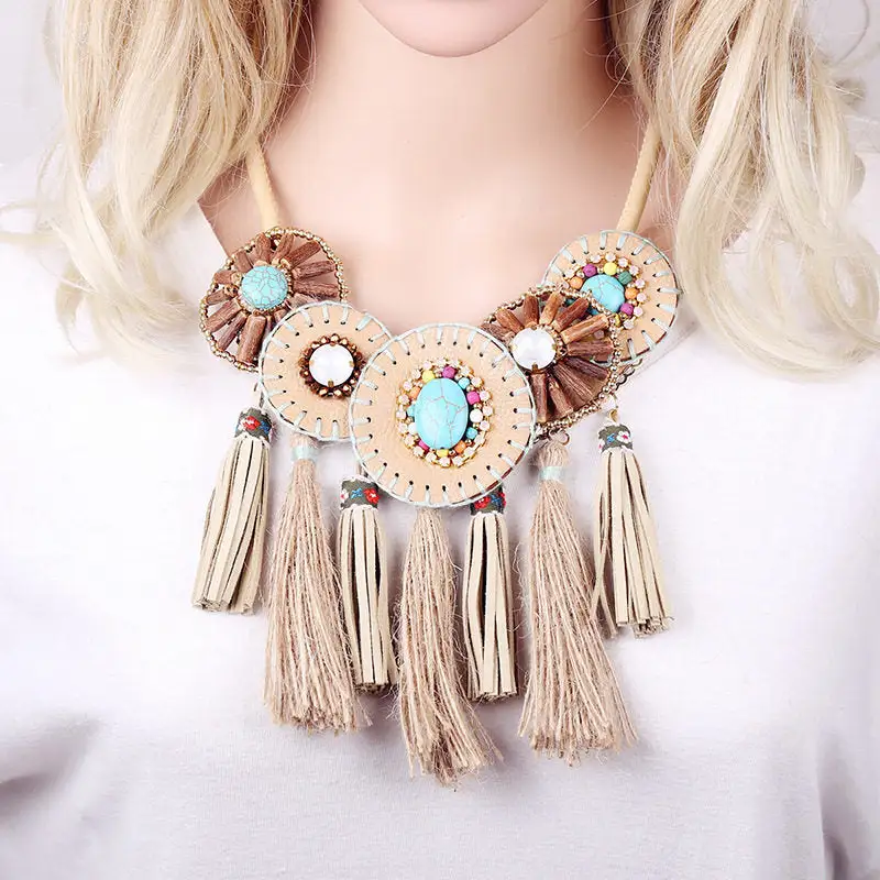 Leather Macrame Turquoise Crystal Bead Necklace
