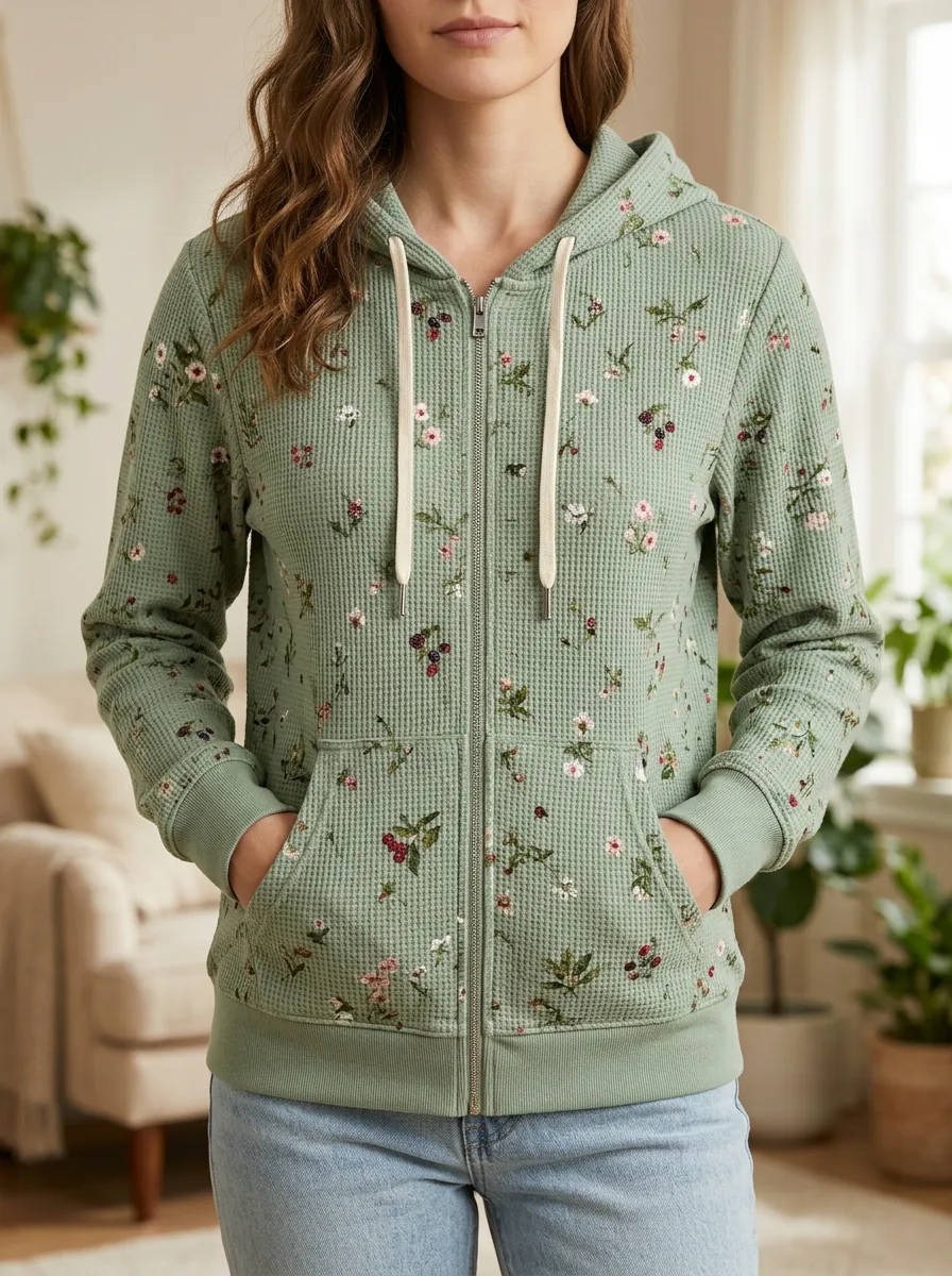 Women's Sage Floral Signature Graphic Waffle Zip-Up Hoodie