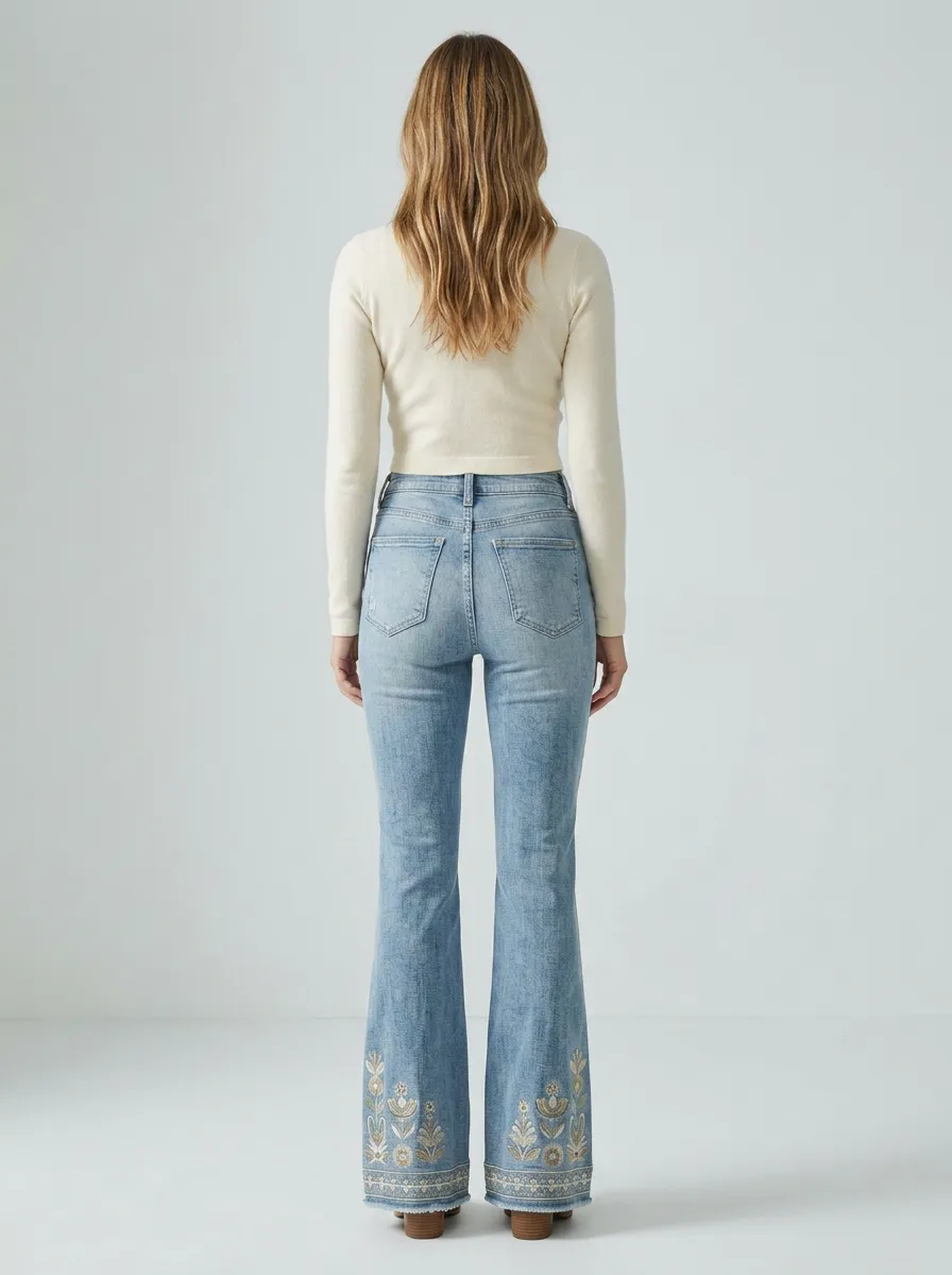Women's Classic Boho Floral Embroidered High Rise Flare Jeans